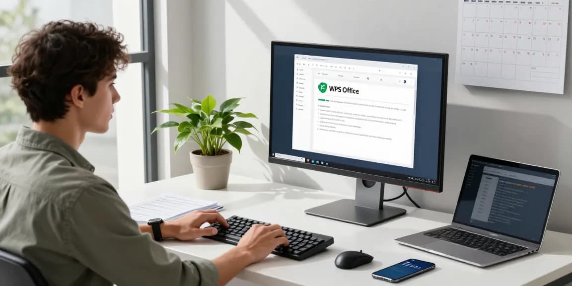 WPS Download displayed on a modern monitor with tech workspace elements highlighting productivity tools.