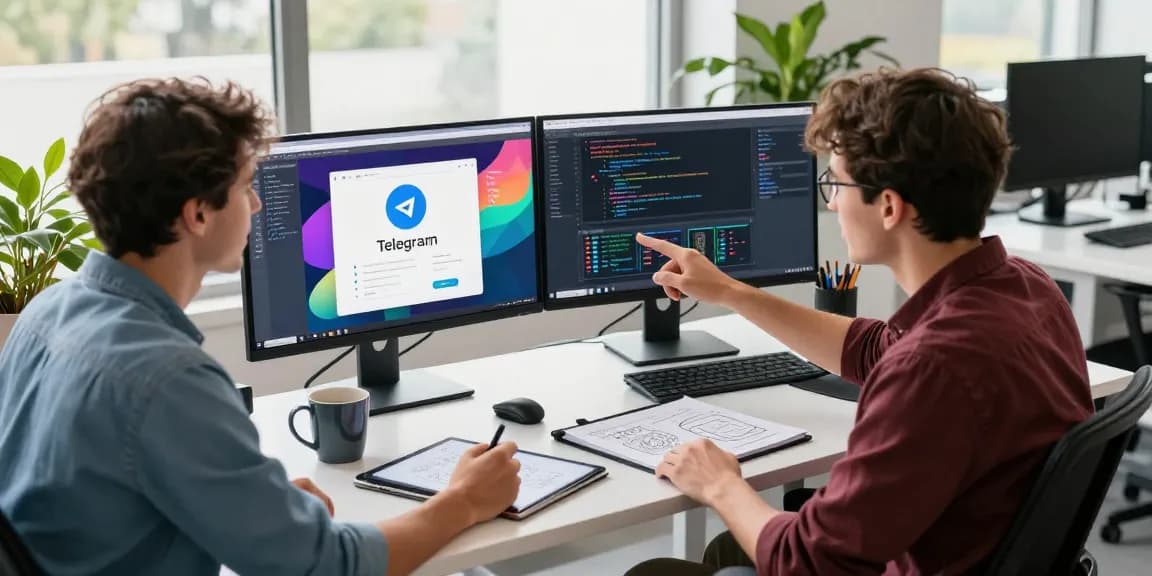 Dynamic workspace with developers discussing features of Telegram download on large monitors showcasing app interface and code.