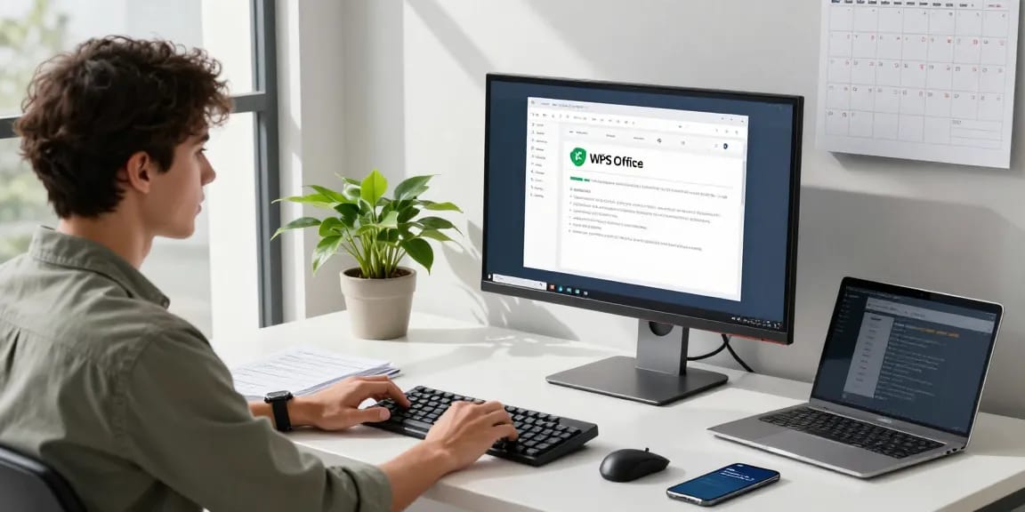 WPS Download displayed on a modern monitor with tech workspace elements highlighting productivity tools.