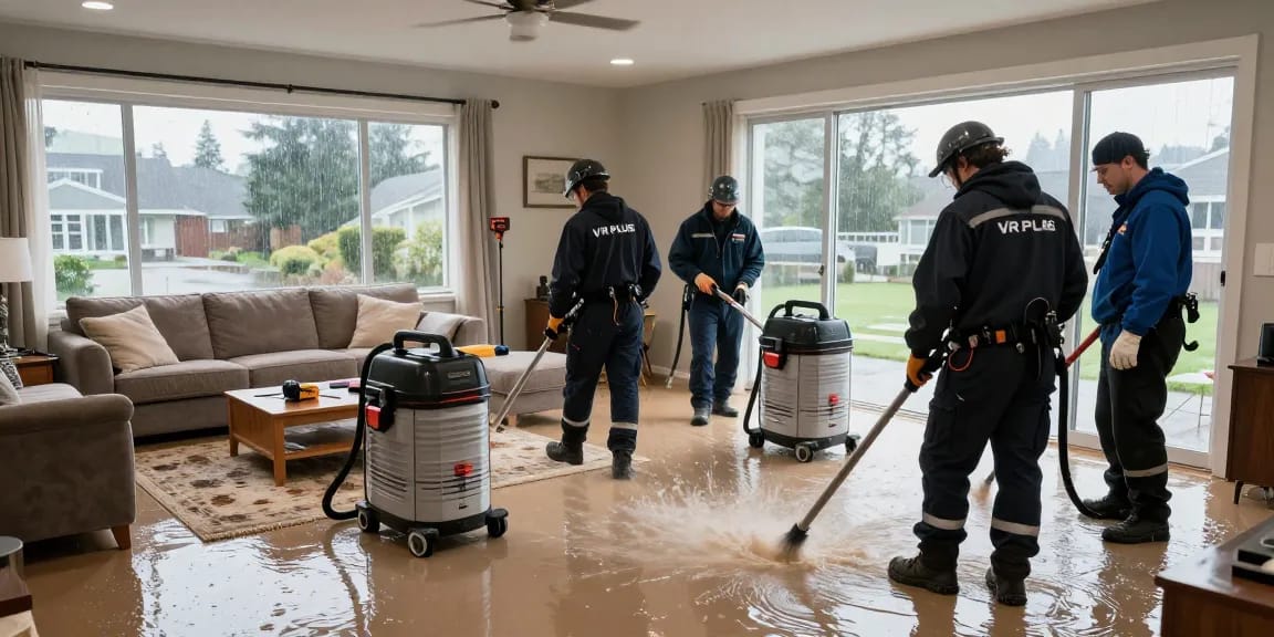 Water Damage Restoration West Vancouver team extracting water from a flooded living room with industrial-grade equipment.