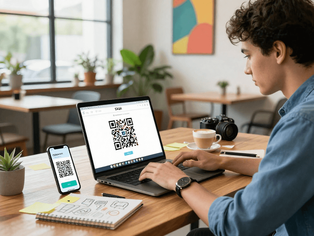 Creating a QR Code Generator interface with vibrant code visuals, showcasing innovative workspace dynamics.