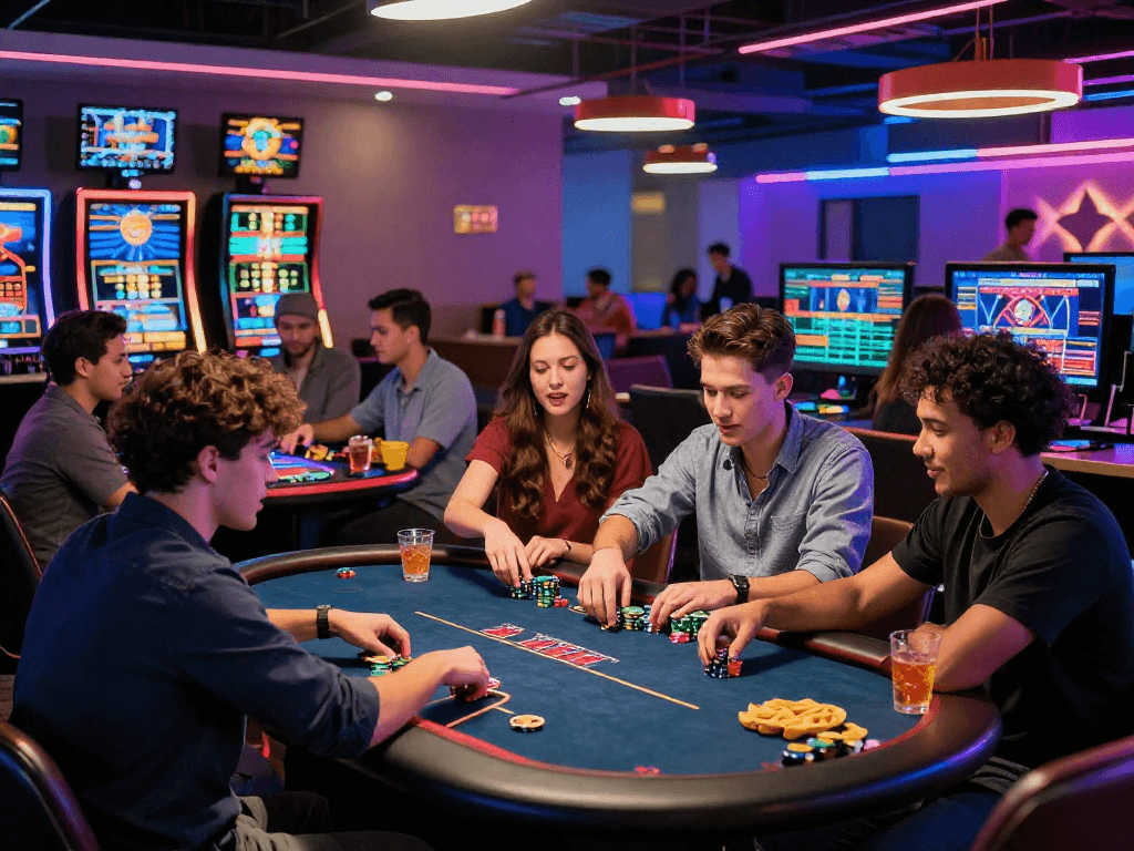 Engage and gamble online Canada with friends in a modern casino lounge, featuring poker and online betting activities.