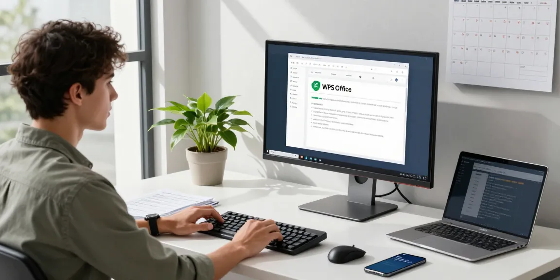 WPS Download displayed on a modern monitor with tech workspace elements highlighting productivity tools.