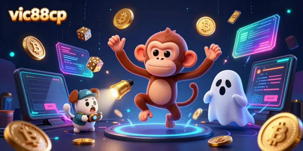 Engage in thrilling casino adventures at vic88cp with a playful ghost-hunter puppy tracking a lively poltergeist monkey.