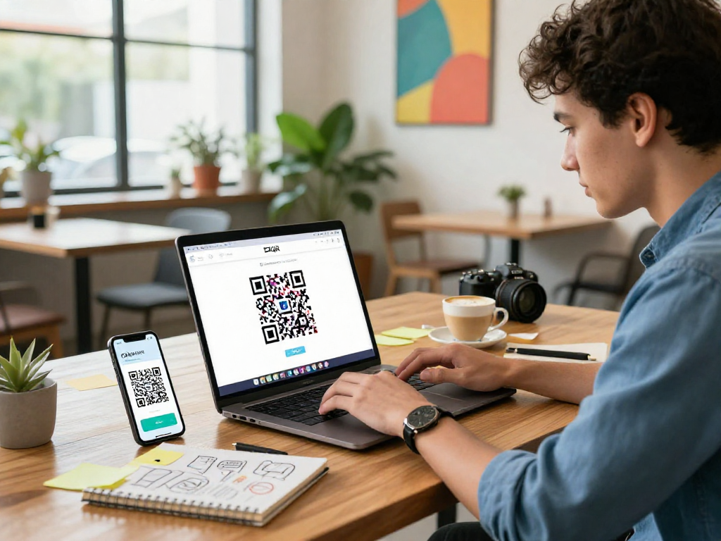 Creating a QR Code Generator interface with vibrant code visuals, showcasing innovative workspace dynamics.