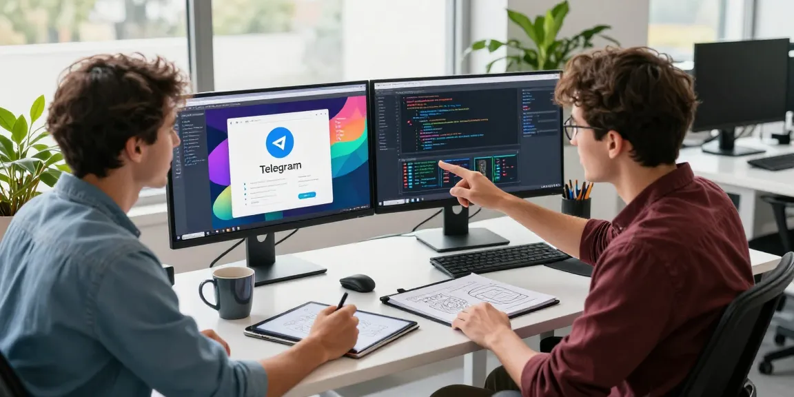 Dynamic workspace with developers discussing features of Telegram download on large monitors showcasing app interface and code.