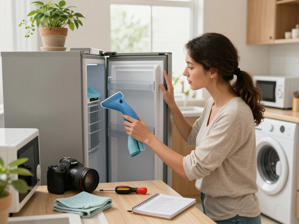 Woman performing appliance maintenance, checking refrigerator in a cozy kitchen with essential tools and tips nearby.