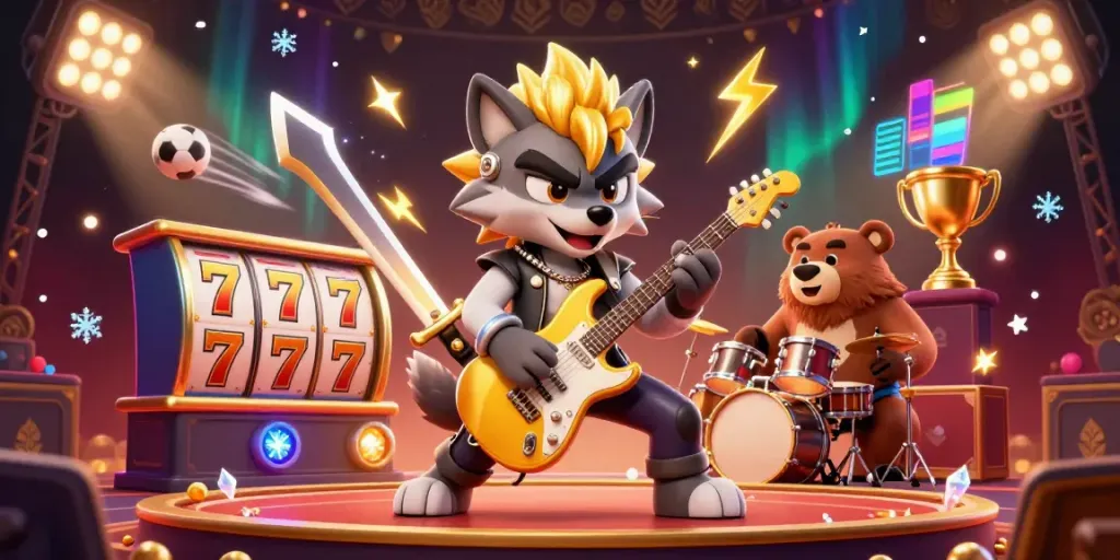 Experience the thrill of slot jackpot action with rock star characters and dynamic casino elements in this vibrant illustration.
