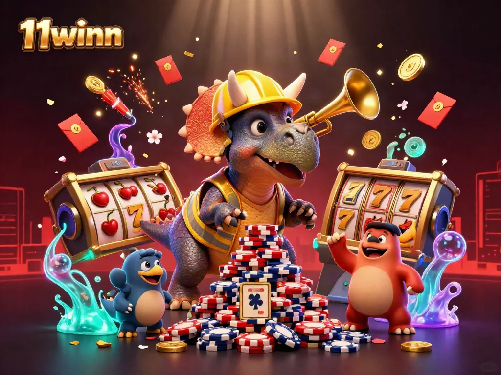 Experience thrilling action at 11winn with a vibrant scene featuring a celebrating triceratops and exciting casino elements.