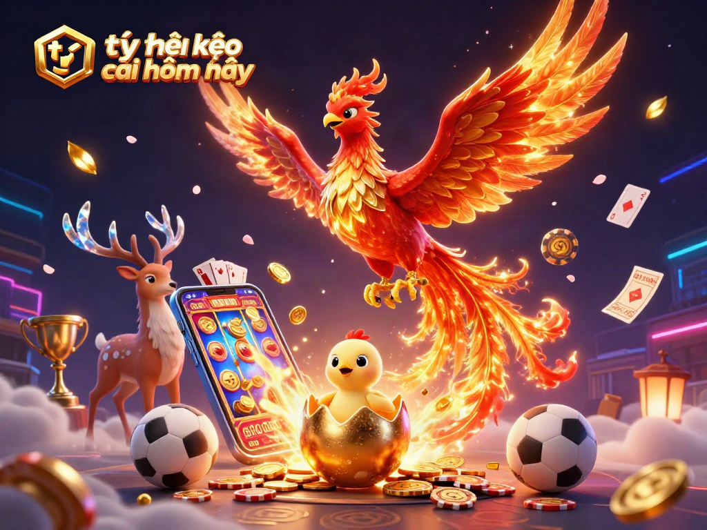 Engage with tỷ lệ kèo nhà cái hôm nay showcasing a vibrant phoenix scene with golden coins and betting elements.