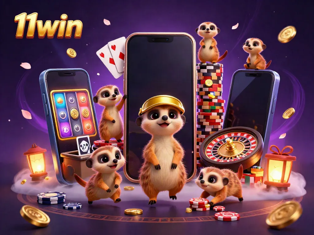 Experience the excitement of 11win in this vibrant casino scene with meerkats managing games.
