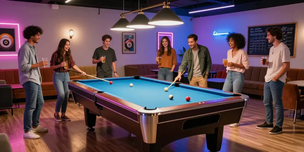 Playing pool tables in Mississauga with friends in a vibrant game room.