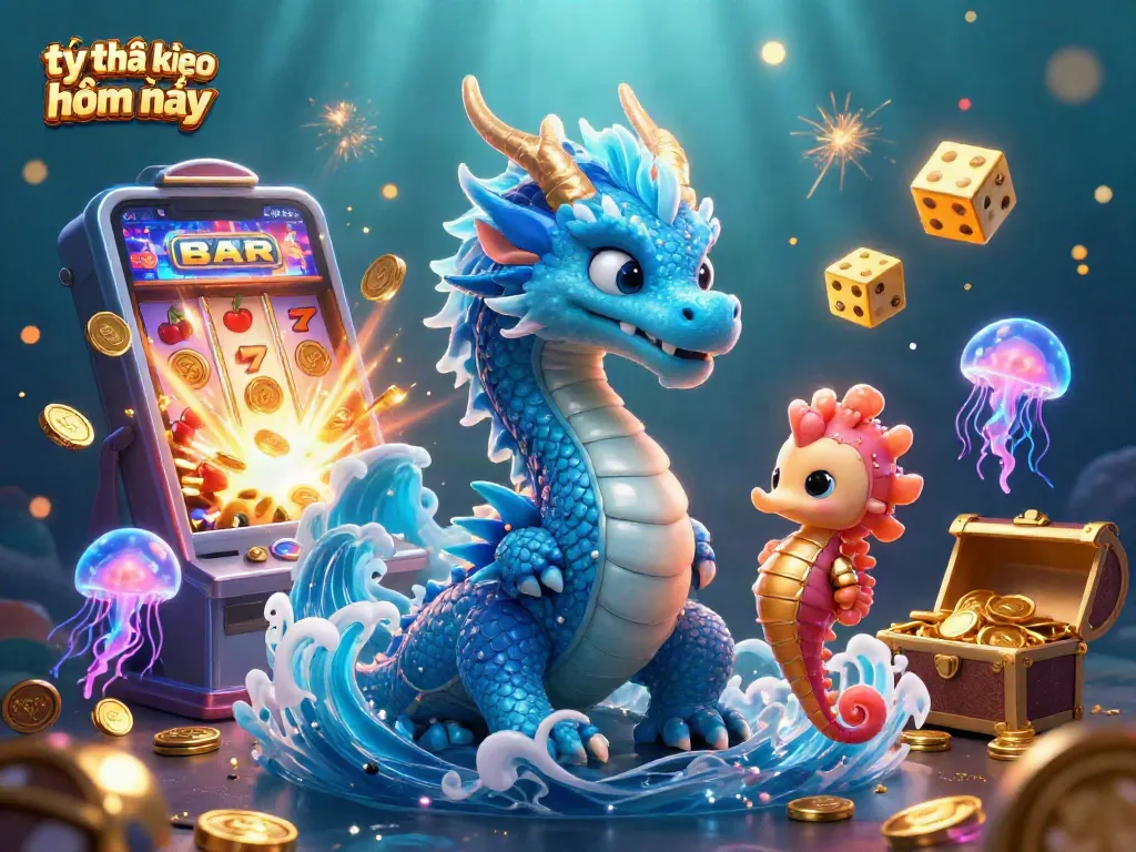 Tỷ lệ kèo nhà cái hôm nay highlighted in a vibrant 3D underwater casino scene, featuring a dragon and jackpot elements.