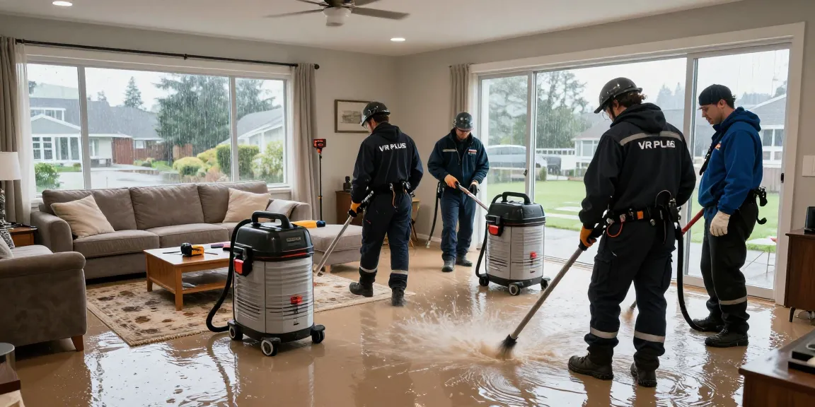 Water Damage Restoration West Vancouver team extracting water from a flooded living room with industrial-grade equipment.