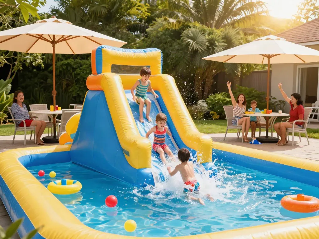 Kids enjoying a water slide in a sunny backyard, creating joyful summer memories.
