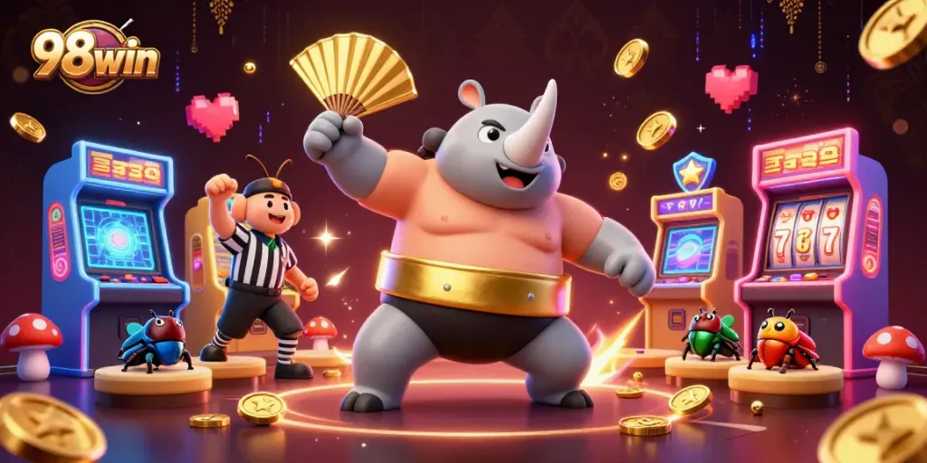 Experience 98win action with the dynamic rhinoceros beetle champion and casino elements.