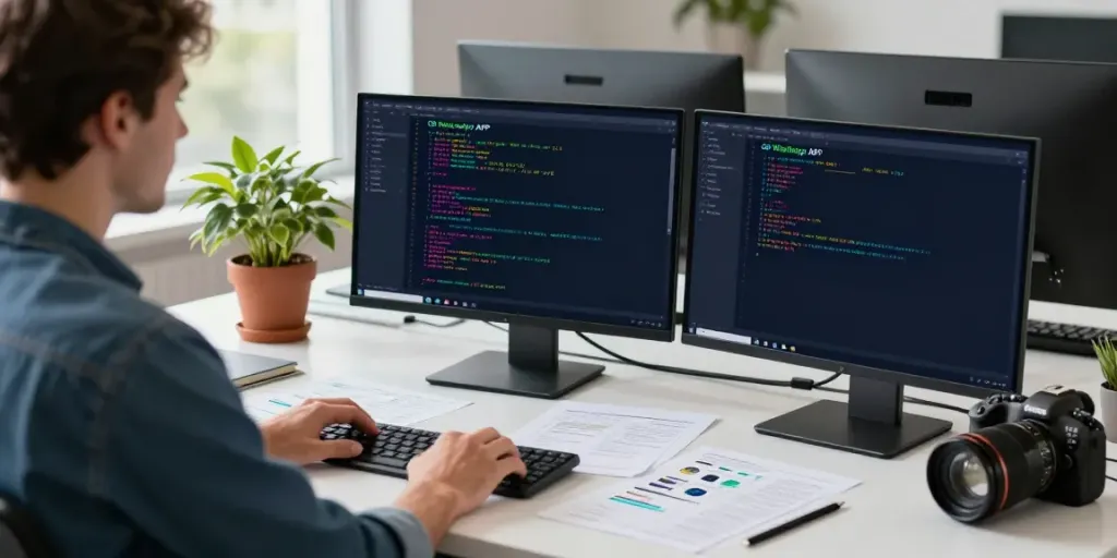 gb whatsapp apk latest version showcased in a modern tech workspace with dual monitors and coding notes.