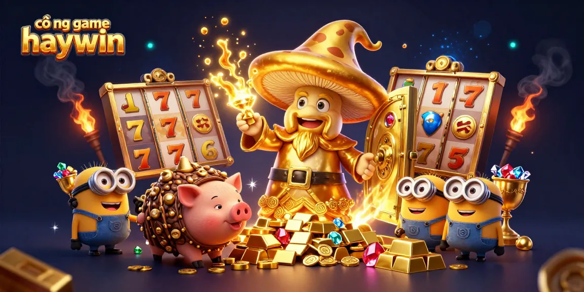 Experience the magic of cổng game haywin with treasures and golden characters in an engaging casino scene.